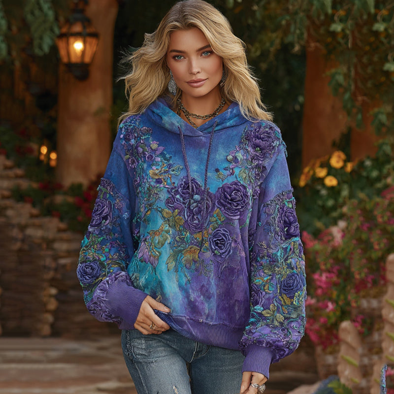 Women's Purple Floral Printed Boho Art Casual Hooded