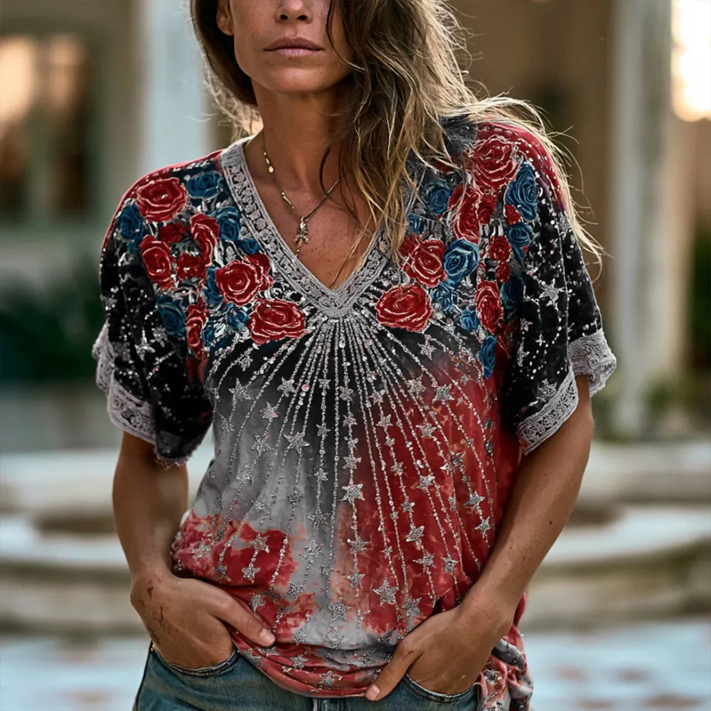 Women's Vintage American Independence Day Floral And Star Embroidered Gradient Casual V-neck Short Sleeve Top