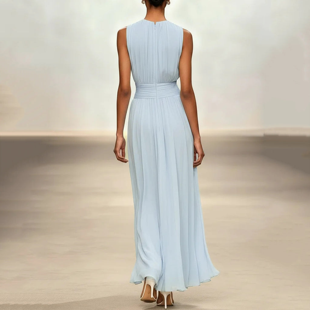 Elegant Solid Color Fitted Waist Round Neck Sleeveless Midi Dress