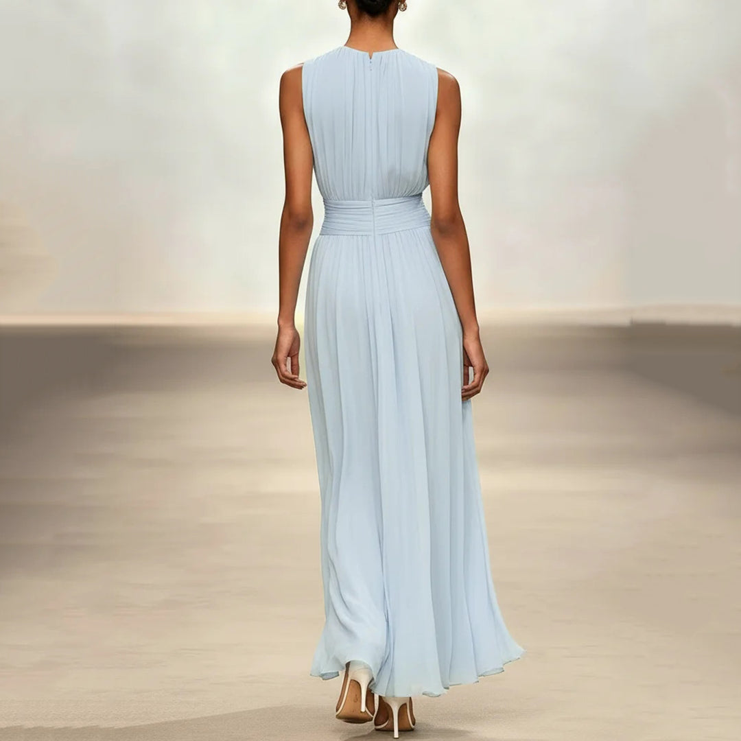 Elegant Solid Color Fitted Waist Round Neck Sleeveless Midi Dress