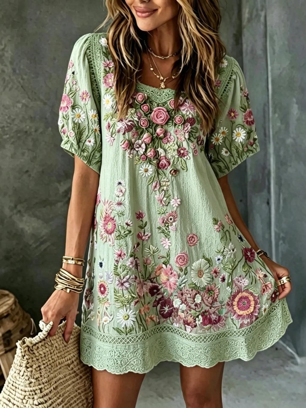 Women's Vintage Floral Art Embroidered Linen Blend Round Neck Mini Dress