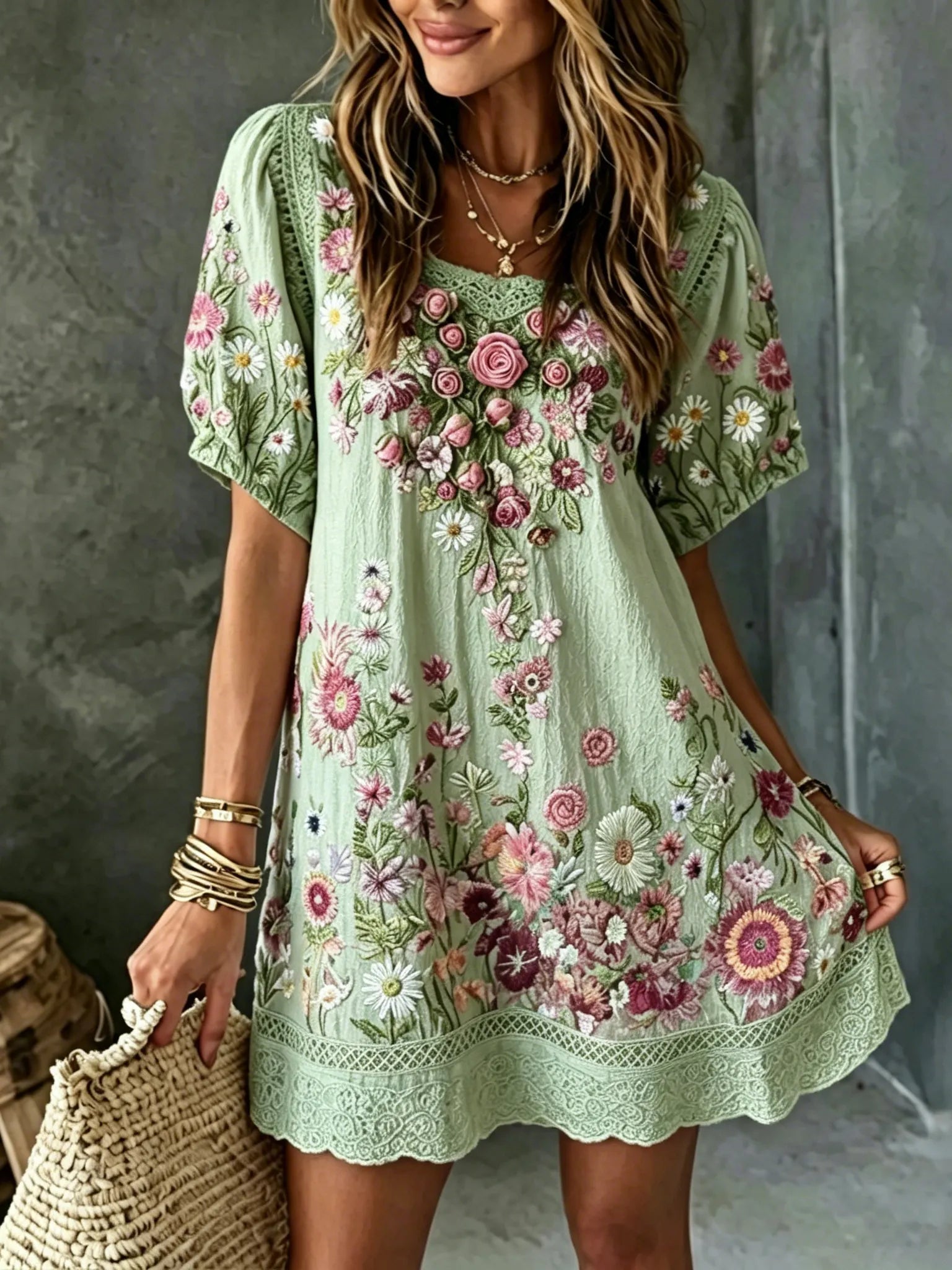 Women's Vintage Floral Art Embroidered Linen Blend Round Neck Mini Dress
