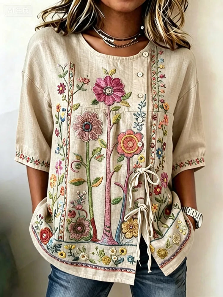 Women's Ethnic Floral Embroidery Pattern Linen Blend Tie-up Shirt