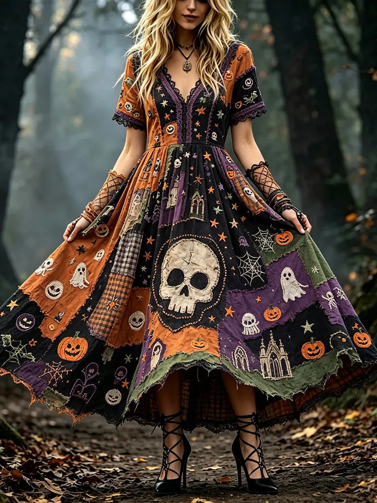 Women's Halloween Stitched Skeleton And Ghost Art Color-block Patchwork V-neck Gorgeous Dress