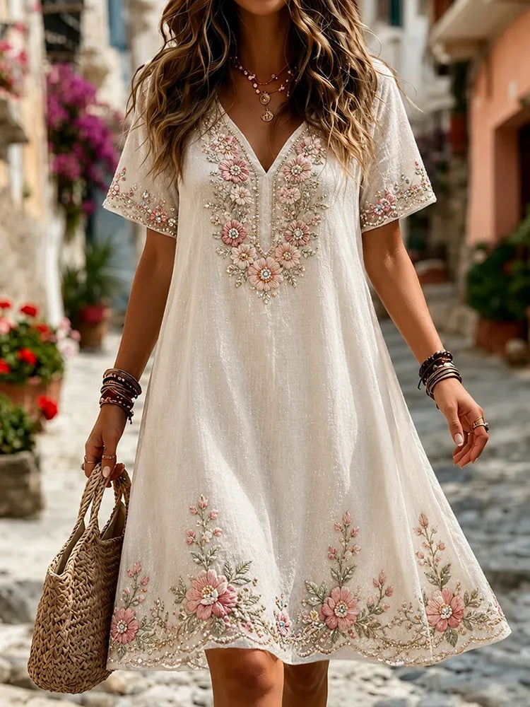 Women's Vintage Floral Rose Art Embroidered Linen Blend Dress