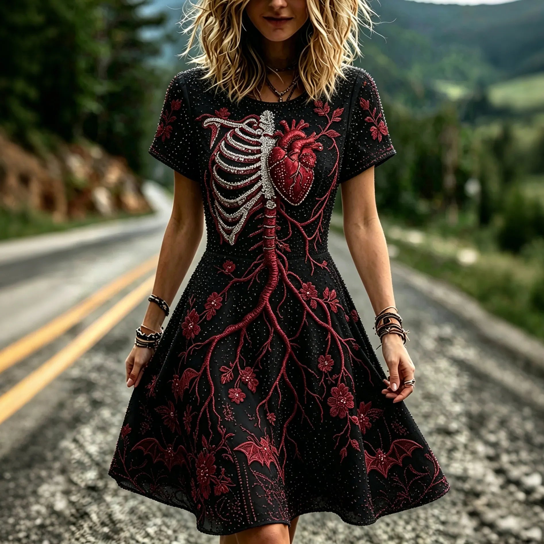 Women's Retro Halloween Skull Heart Bloodline Pattern Round Neck Short Sleeve Dress
