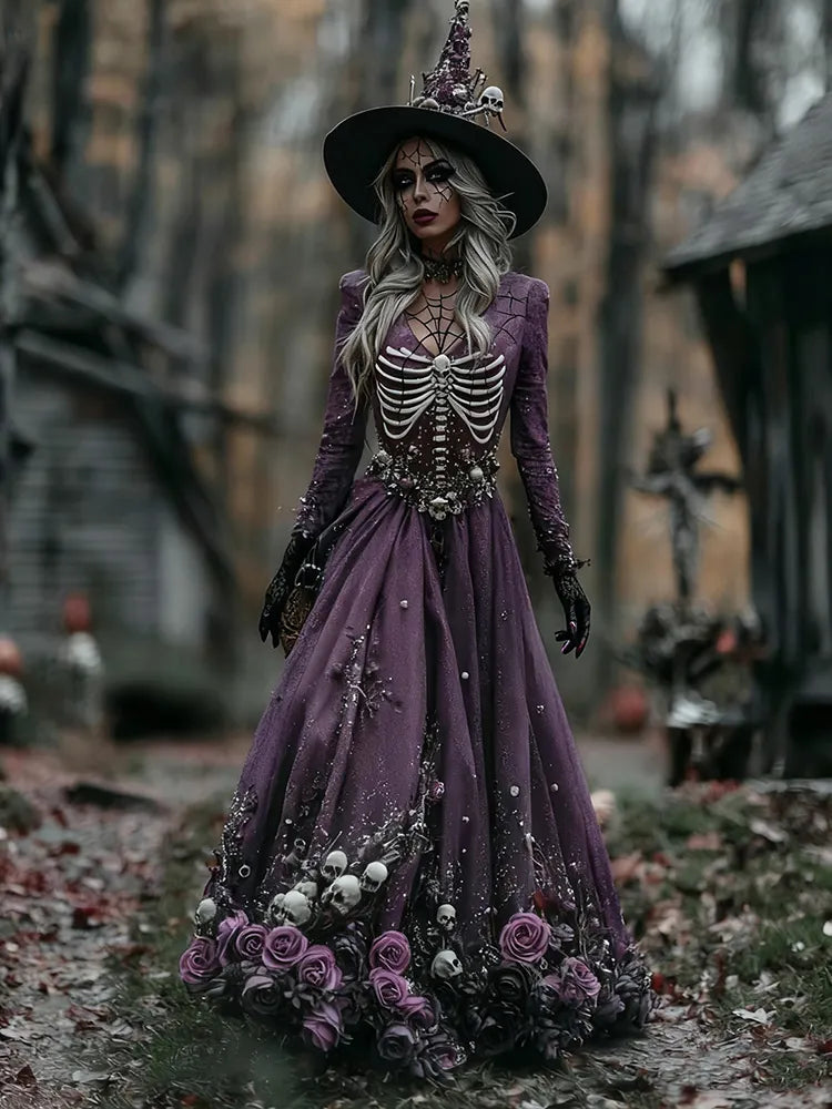 Women's Rose Human Skull Pattern Maxi Dress