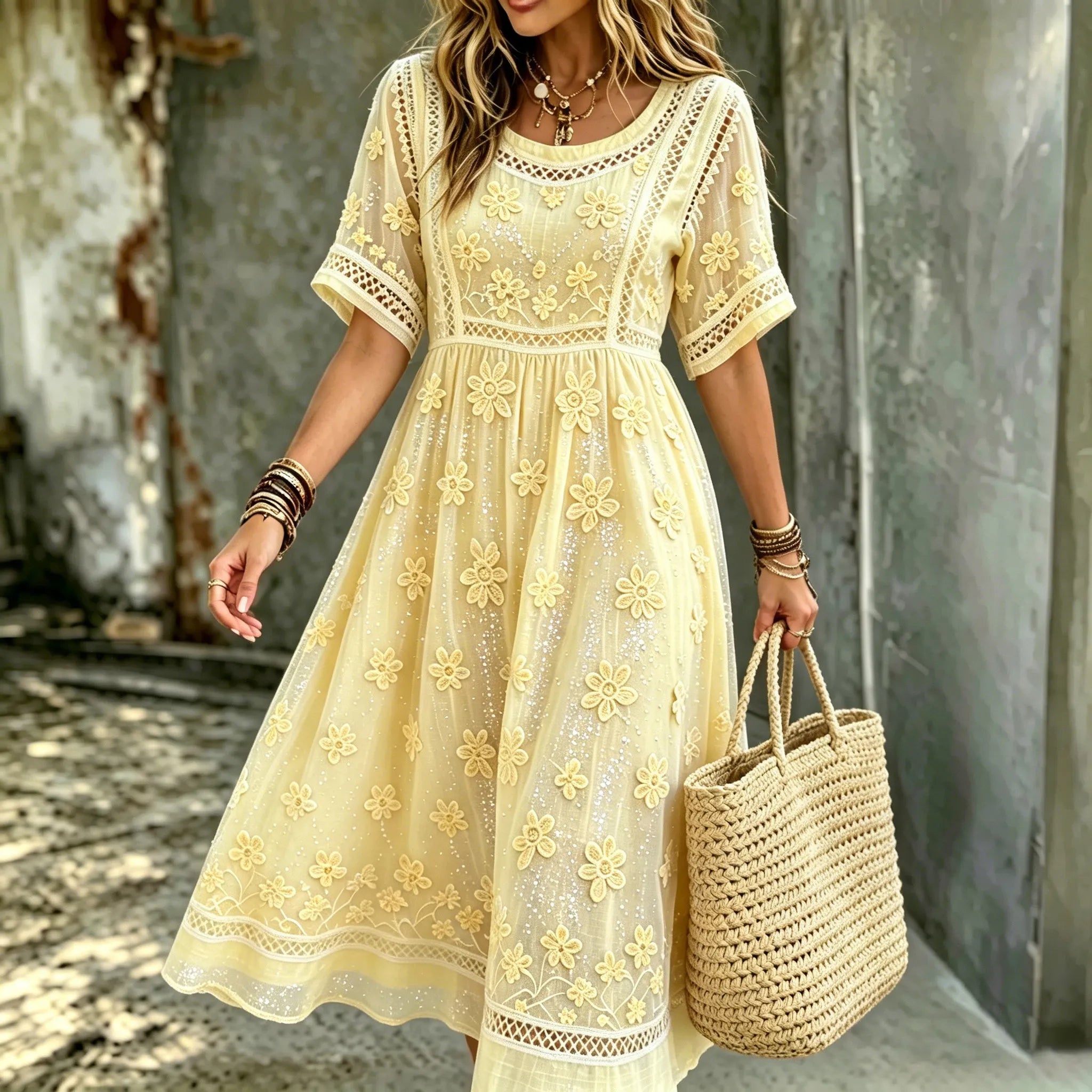 Women's White Floral Art Embroidered Linen Blend Round Neck Maxi Dress