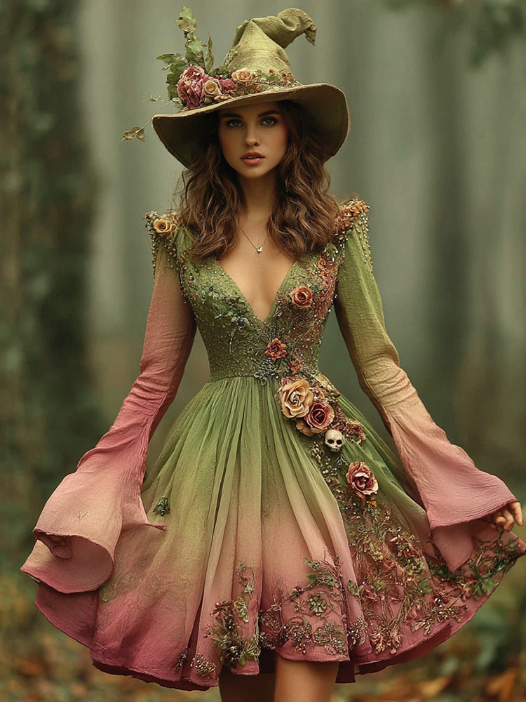 Halloween Rose Floral Skull Contrast Gradient Witch Midi Dress