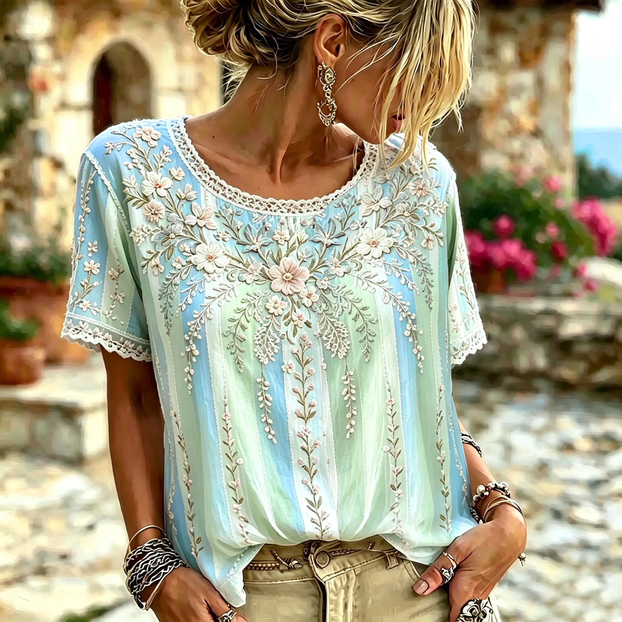 Women's Floral Vine And Lace Embroidered Art Stripe Vintage Round Neck Short Sleeve Top