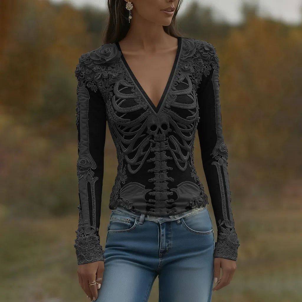 Women's Halloween Skeleton Bones With Roses And Skull Art Casual Long Sleeve V Neck T-shirt