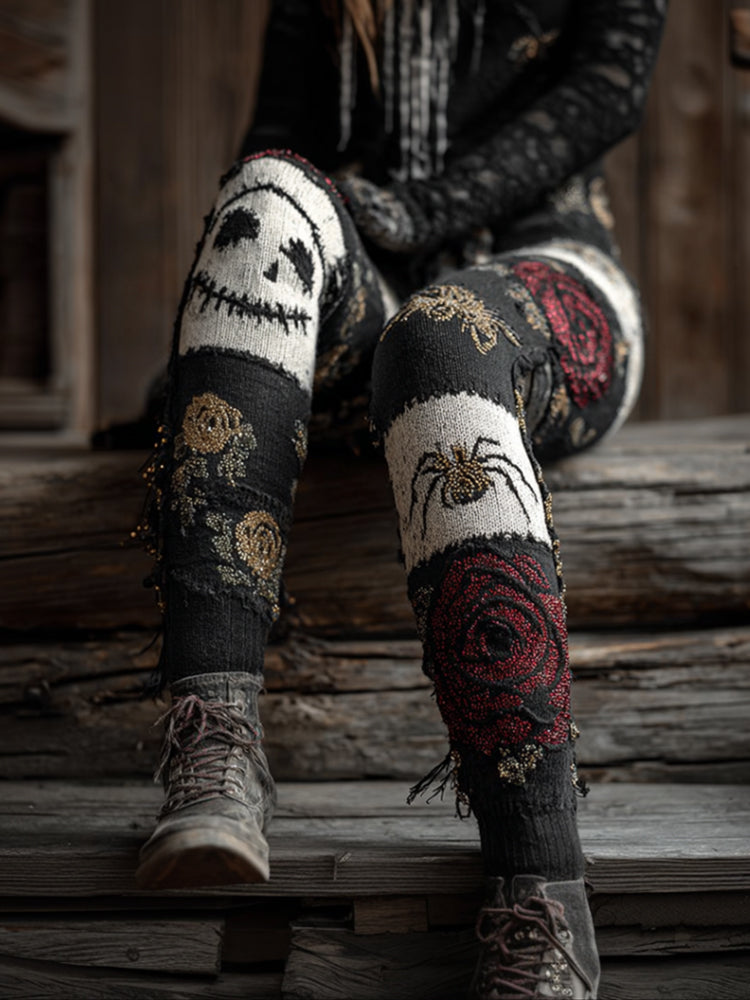 Women's Halloween Embroidered Skeleton Face And Spider Black And White Vintage Pants