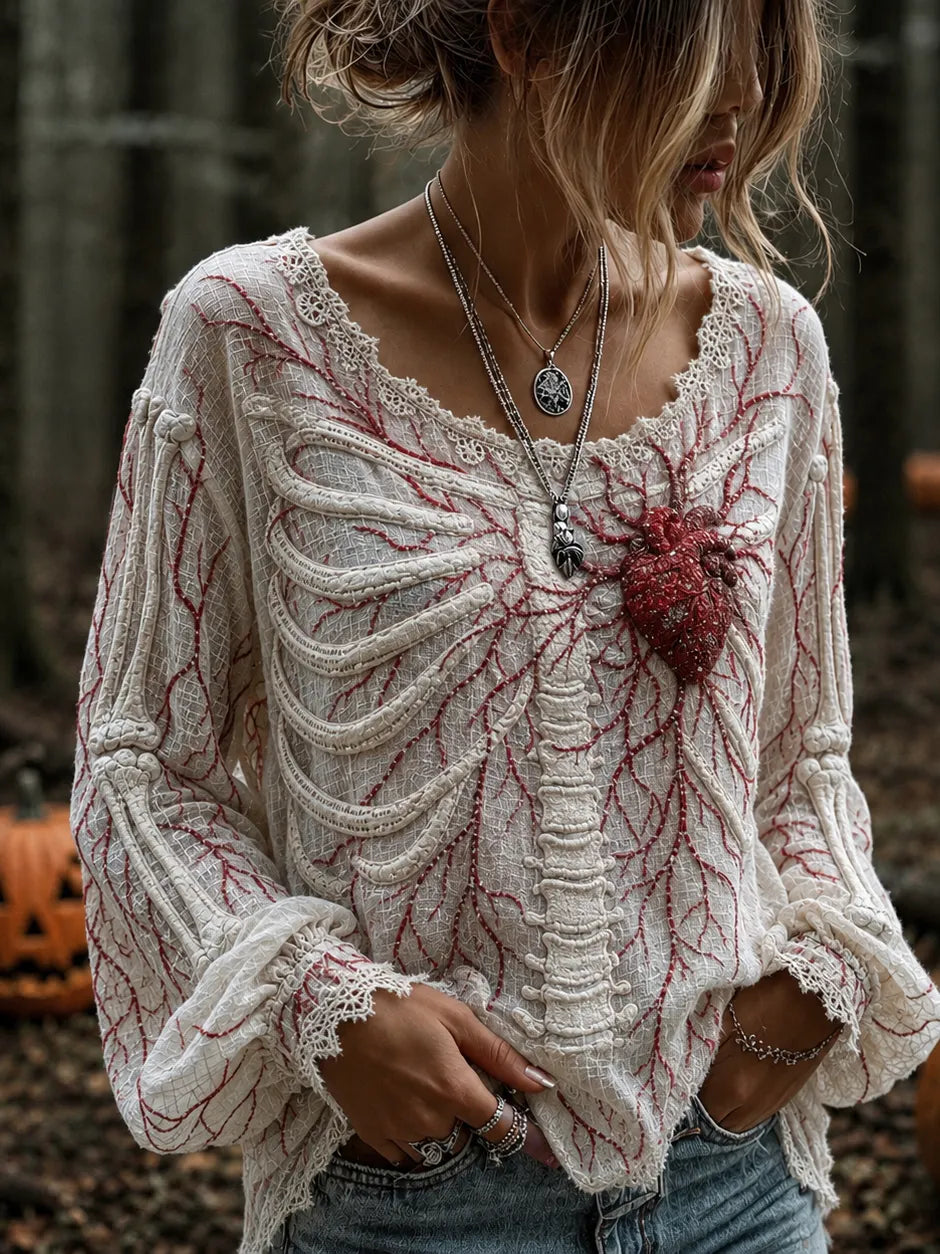 Women's Vintage  Skeleton Heart Rhinestones Art Long Sleeve T-shirt