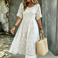 Women's White Floral Art Embroidered Linen Blend Round Neck Maxi Dress