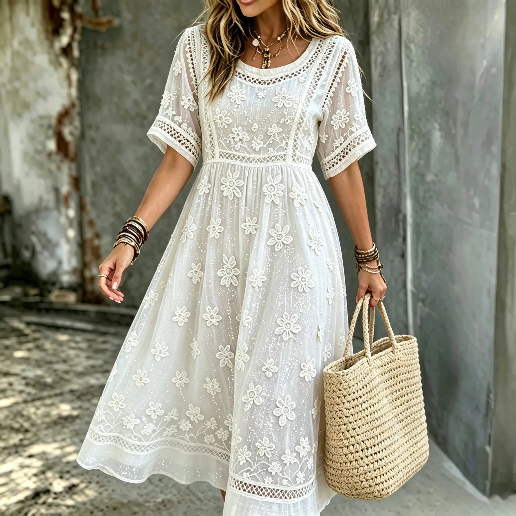 Women's White Floral Art Embroidered Linen Blend Round Neck Maxi Dress