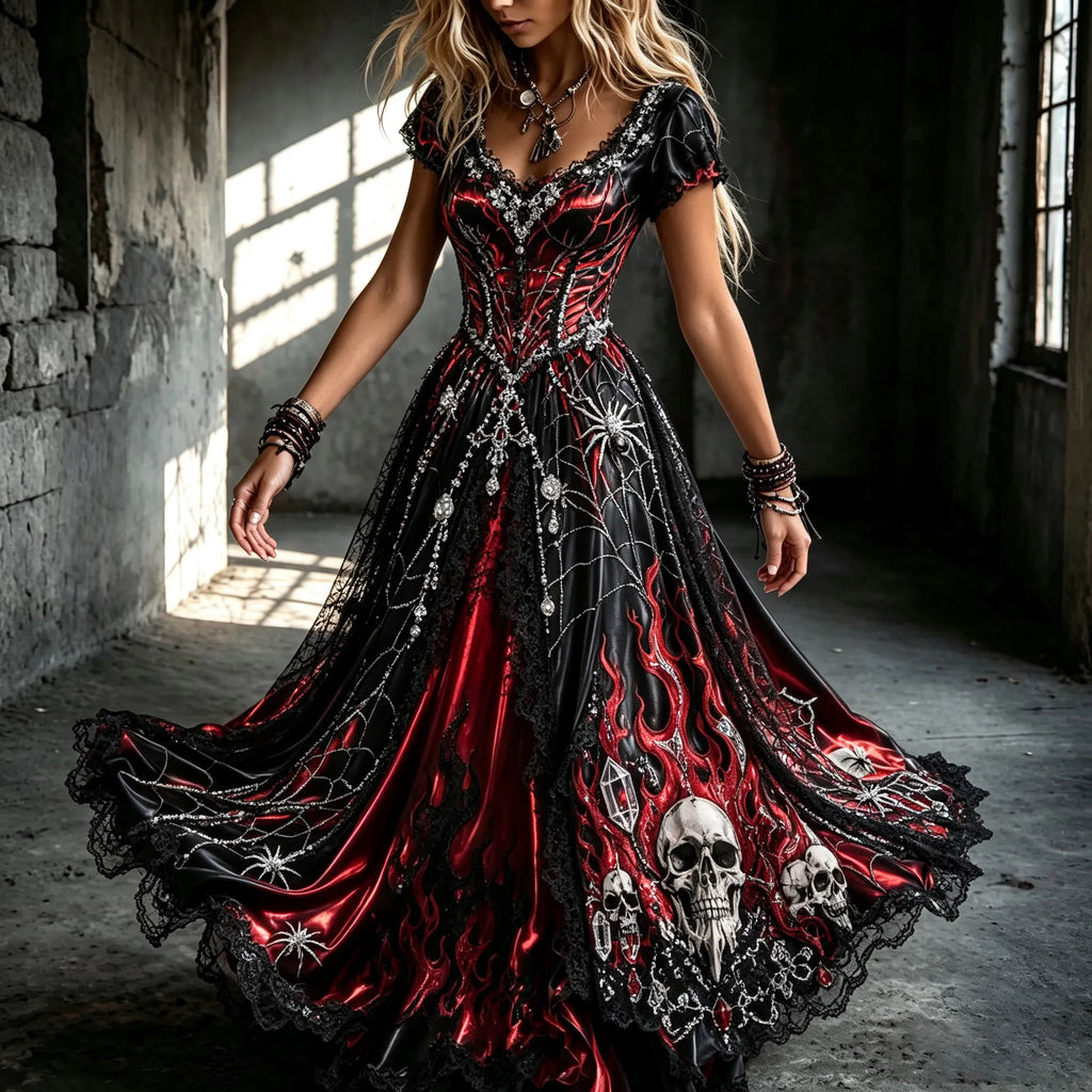 Women's Dark Gothic Spider Skull Flame Design V-neck Short-sleeved Dress