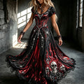 Women's Dark Gothic Spider Skull Flame Design V-neck Short-sleeved Dress