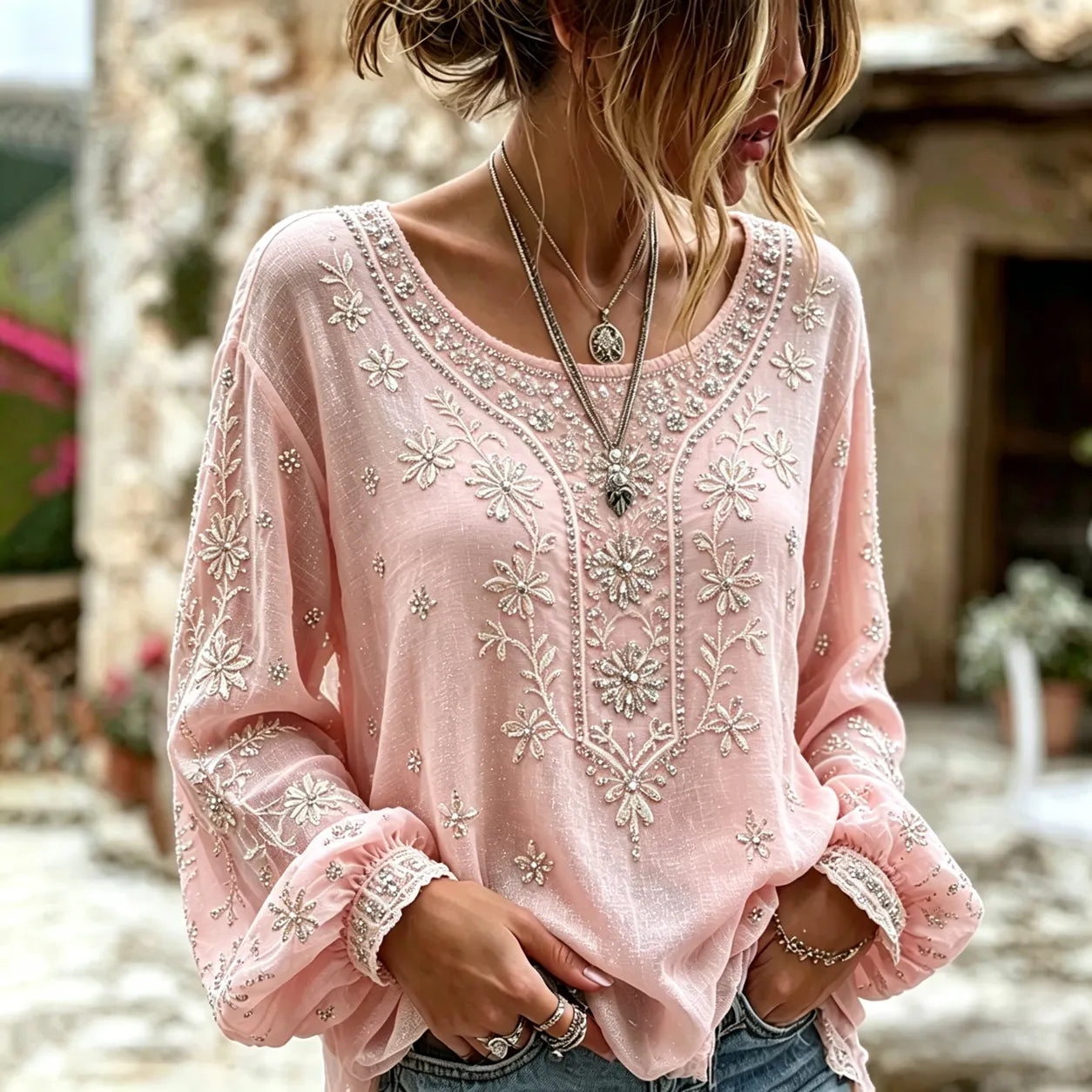 Women's Vintage Floral Rose Art Embroidered Linen Blend Long Sleeve Tops