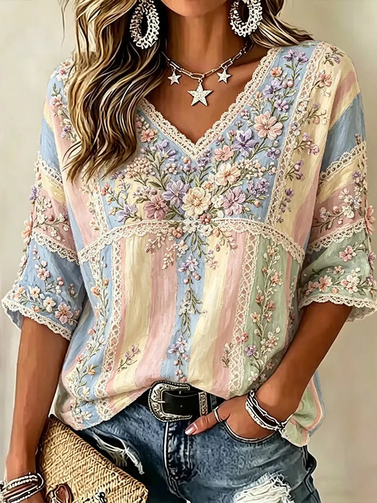 Women's Small Floral Embroidery Art Patchwork Vintage Cotton Linen V-neck Short Sleeve Top