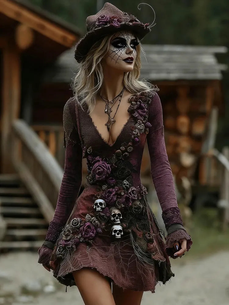 Women's Halloween Rose Skull Witch Patchwork Midi Dress