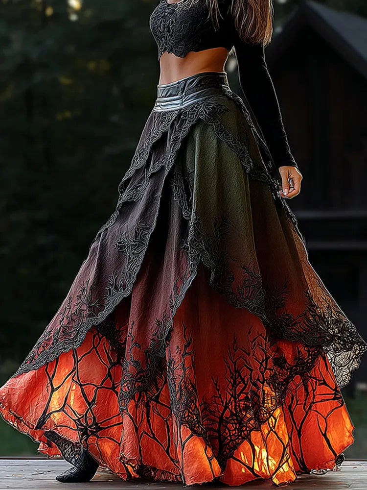 Halloween-themed Skull And Spiderweb Embroidered Lace Patchwork Skirt