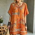 Women's Vintage Hippie Floral And Dragonfly Pattern Art Embroidered Linen Blend Mini Dress