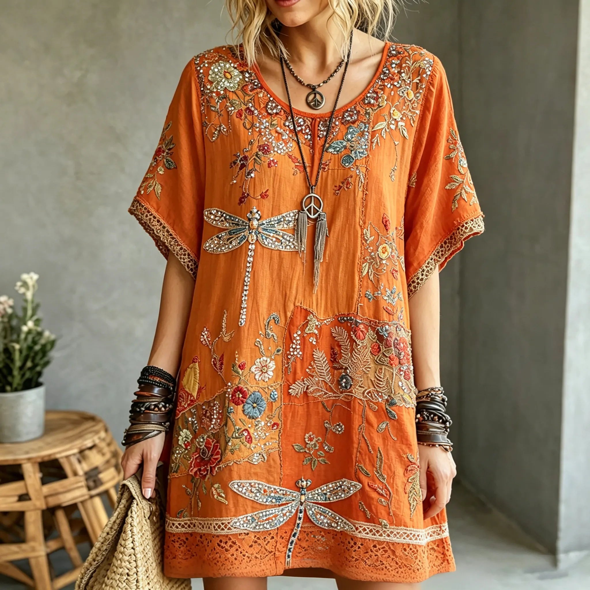 Women's Vintage Hippie Floral And Dragonfly Pattern Art Embroidered Linen Blend Mini Dress