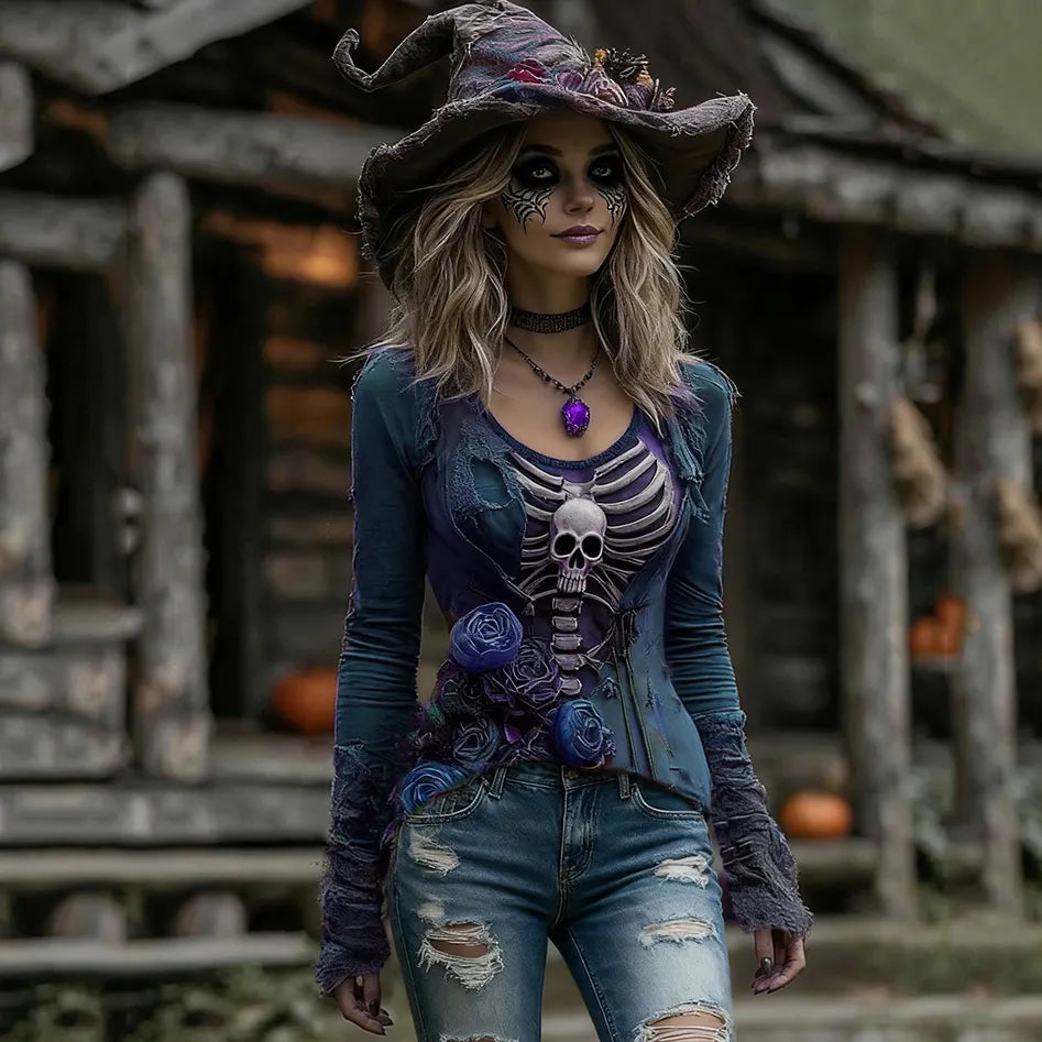 Women's Halloween Rose Skull Witch Cosplay V-neck T-shirt