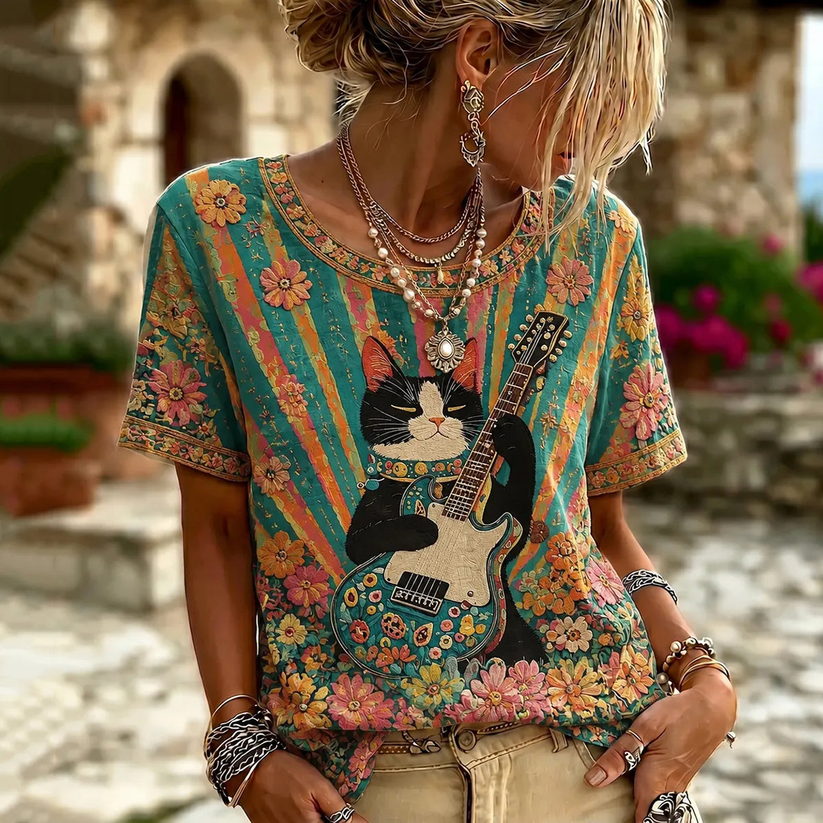 Women's Retro Hippie Guitar Cat Print Crew Neck T-shirt