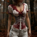 Women's Vintage Halloween Pattern Rose Linen Blend Art Short Sleeve T-shirt