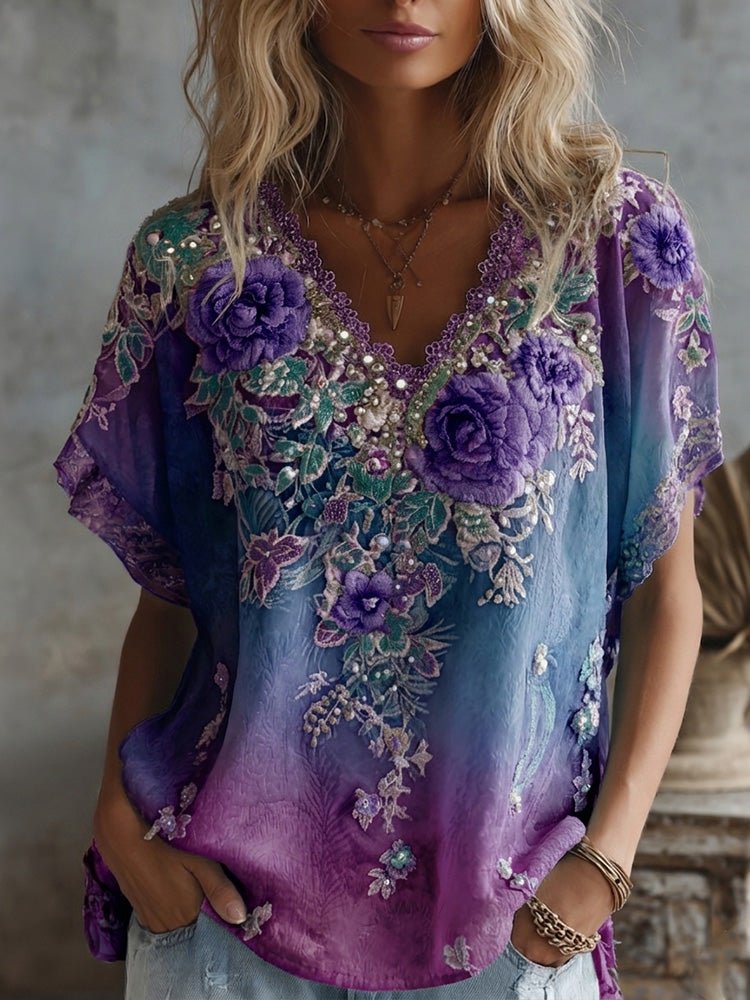 Women's Vintage Celtic Knot Rose Embroidery Casual T-shirt