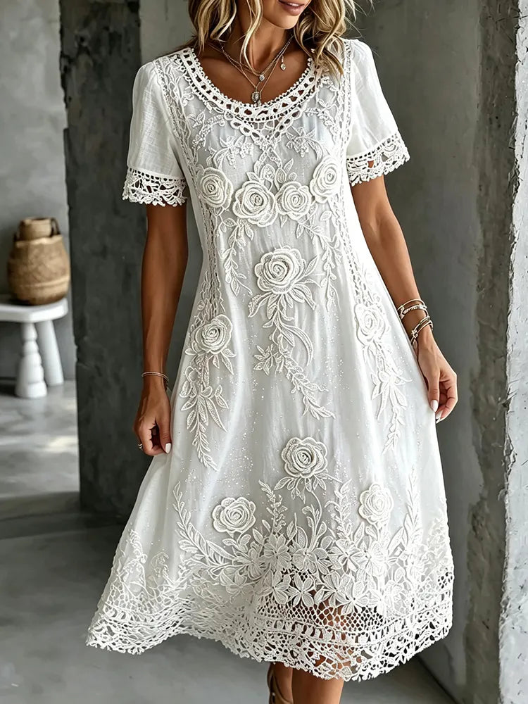 Women's Vintage Rose Art Embroidered Linen Blend Round Neck Midi Dress