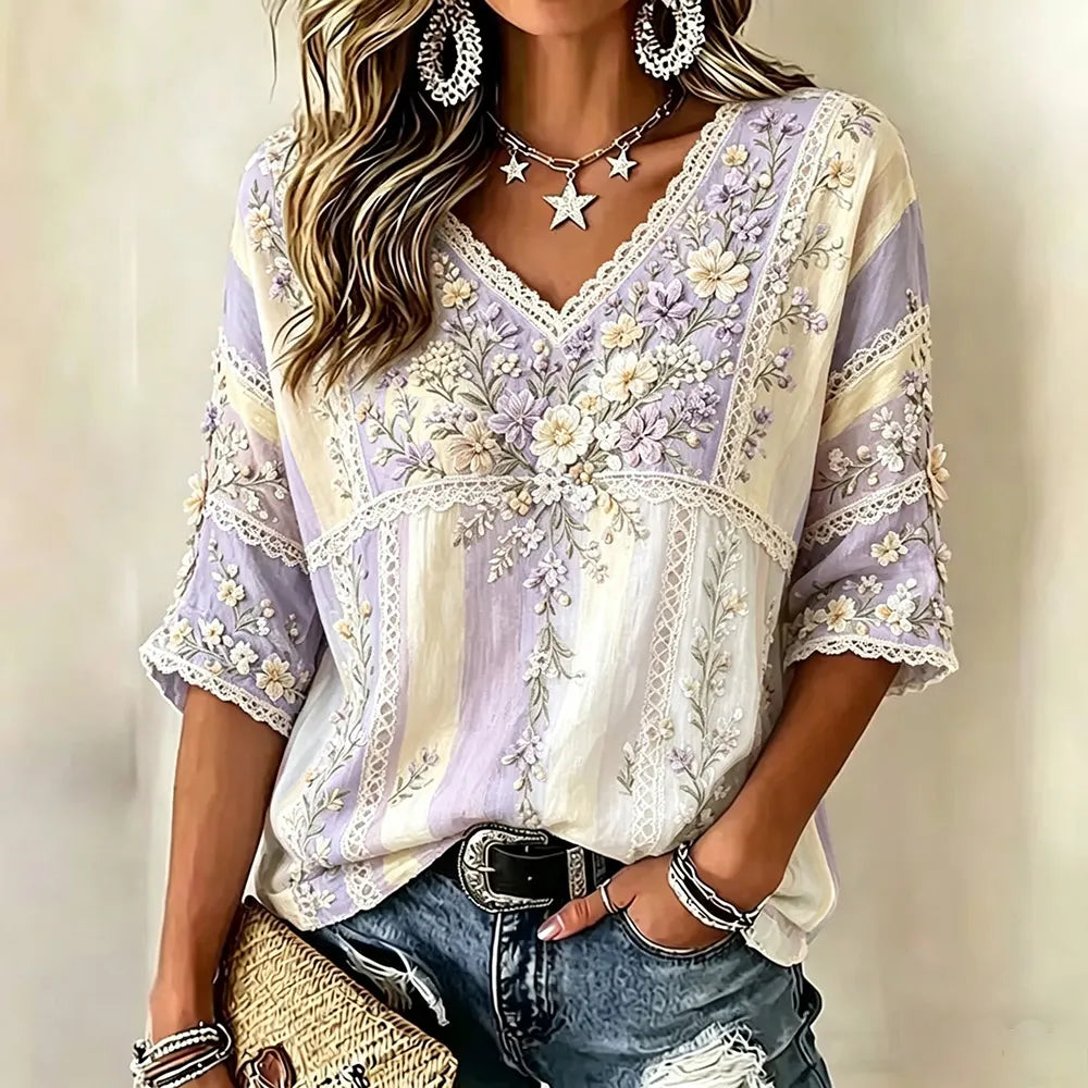 Women's Small Floral Embroidery Art Patchwork Vintage Cotton Linen V-neck Short Sleeve Top