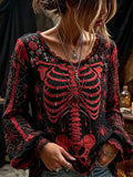 Women's Halloween Spider And Skull Art Color-block Crewneck Long Sleeve Top