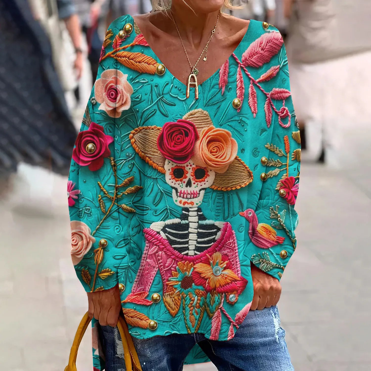 Classy Mexican Cute Sugar Skeleton Day Of The Dead Inspired Pattern Art Printed V-Neck T-Shirt